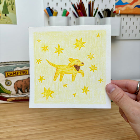 Yellow Dog dessin original au crayons de couleur